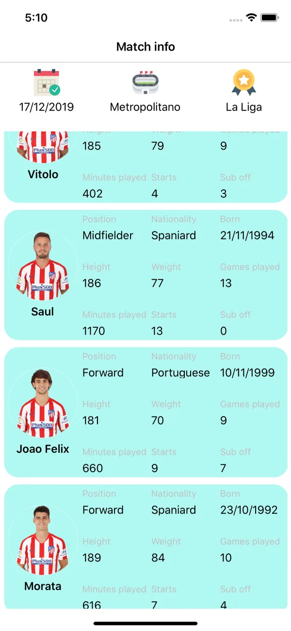 Pantalla de la app con el detalle del jugador visible