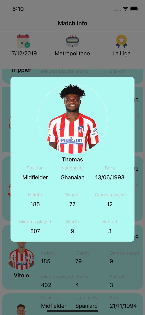 Pantalla de la app con el detalle del jugador oculto